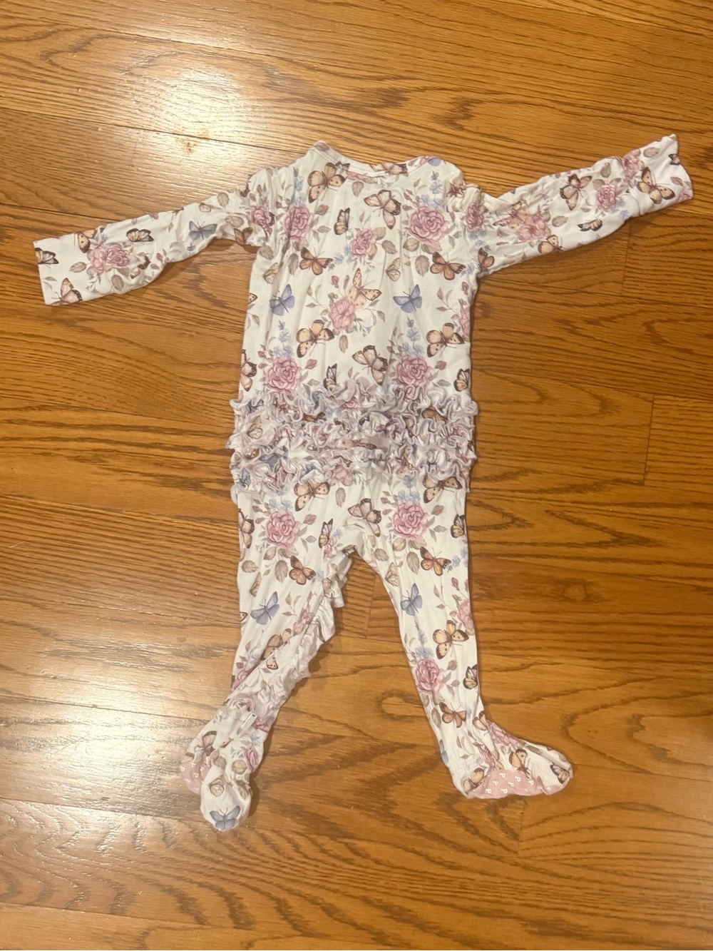 Posh Peanut Butterfly Ruffle Baby One-Piece - White with Pink and Blue Flowers